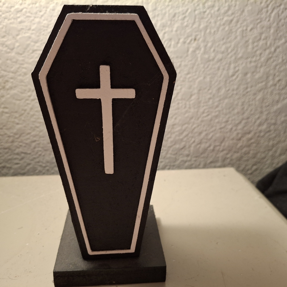 Black Coffin Decor with White Cross